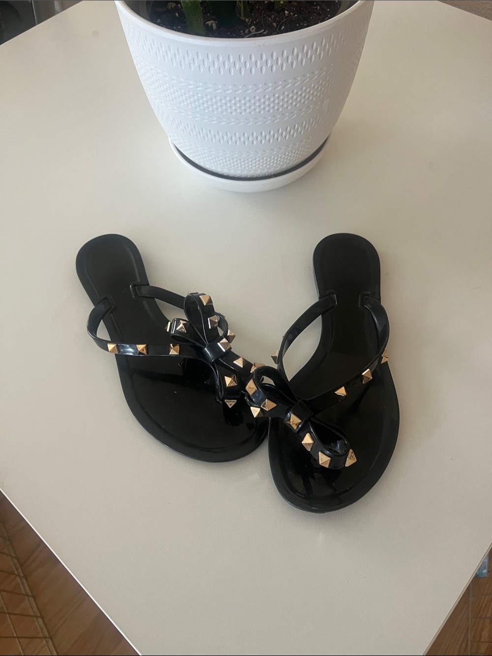 Valentino Black Jelly Sandals with Gold Pyramid Studs - Bow Accent,no 30$